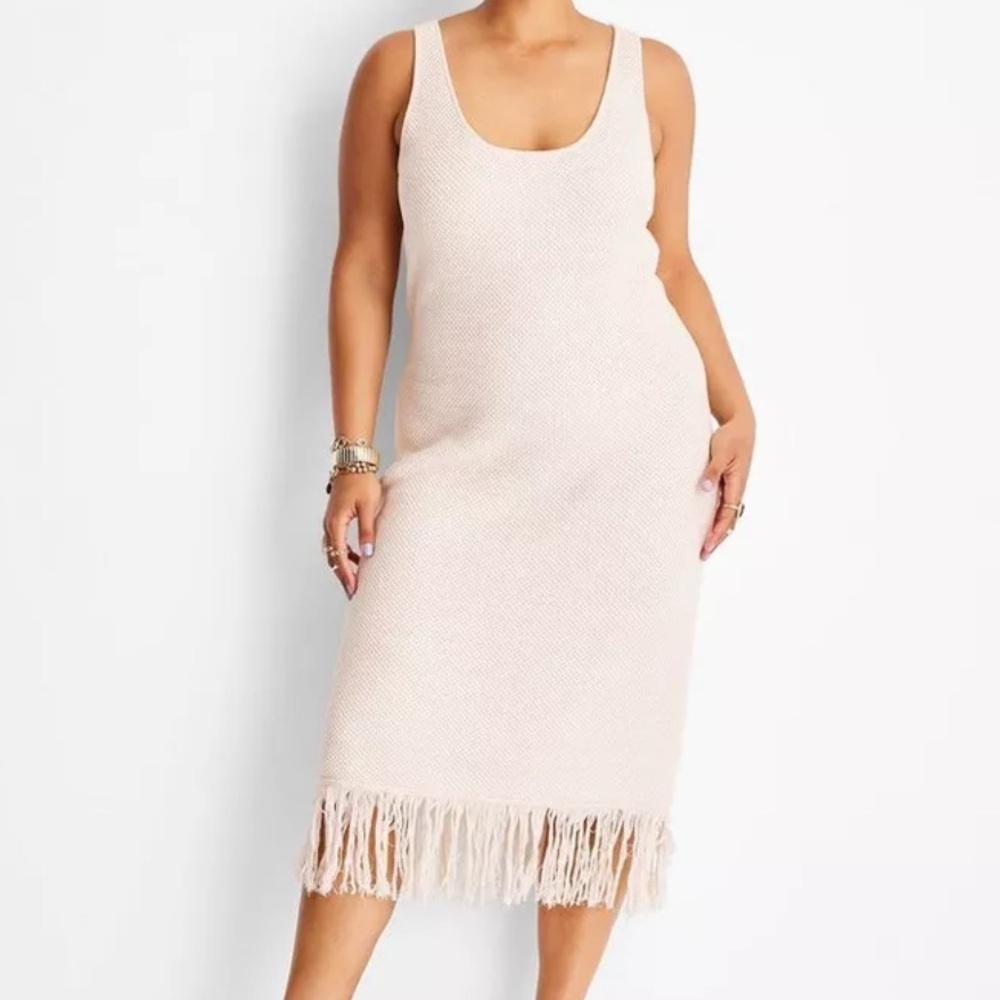 NWT Future Collective Sleeveless Knit Fringed Hem Dress Beige Women’s Size XXL